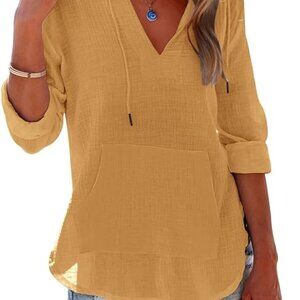 New Women Beach Cover Up V Neck Top Long Sleeve Pocketed Hooded Shirt